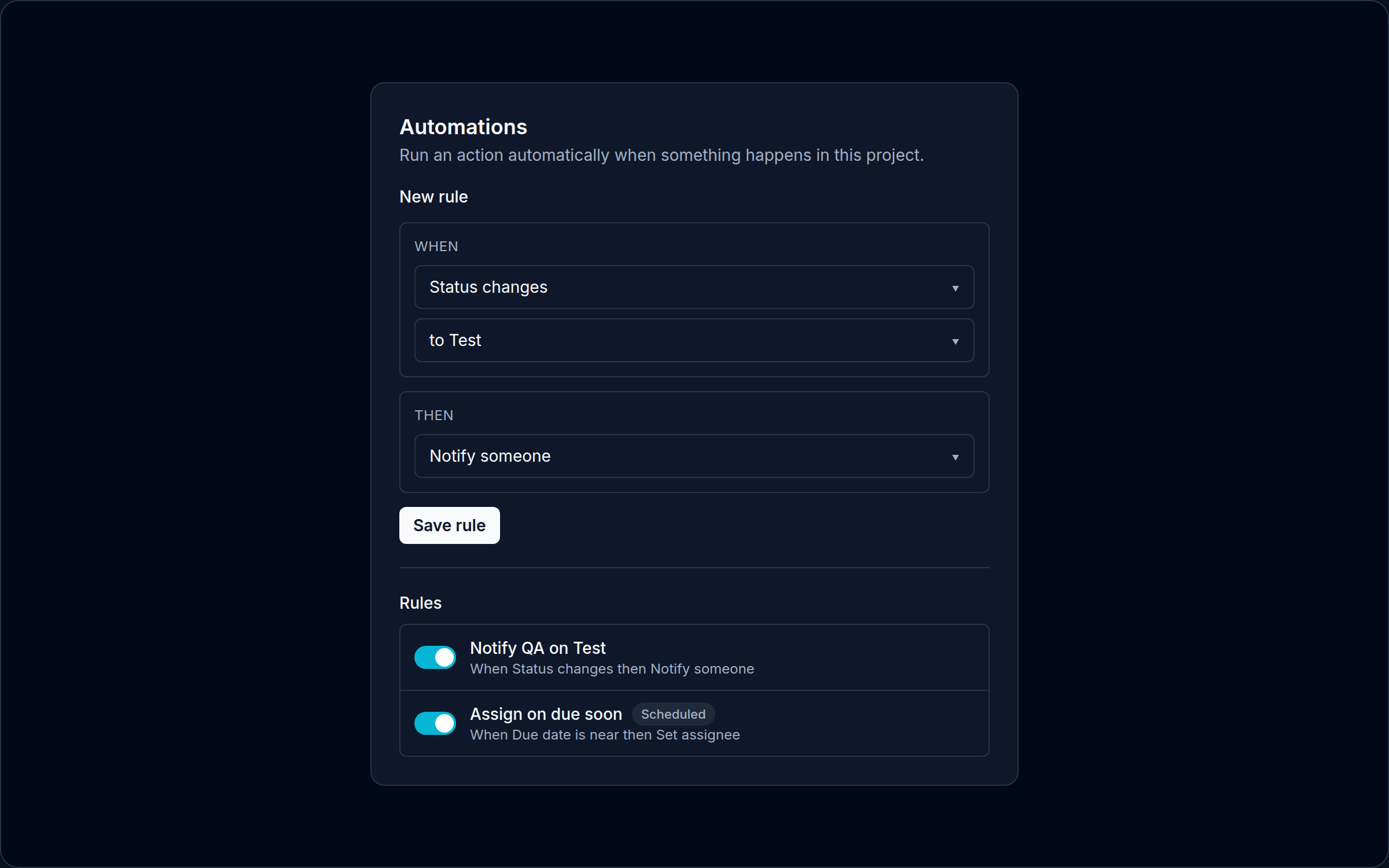 Orbit automations rule builder: when a task hits Test, assign QA and notify the channel