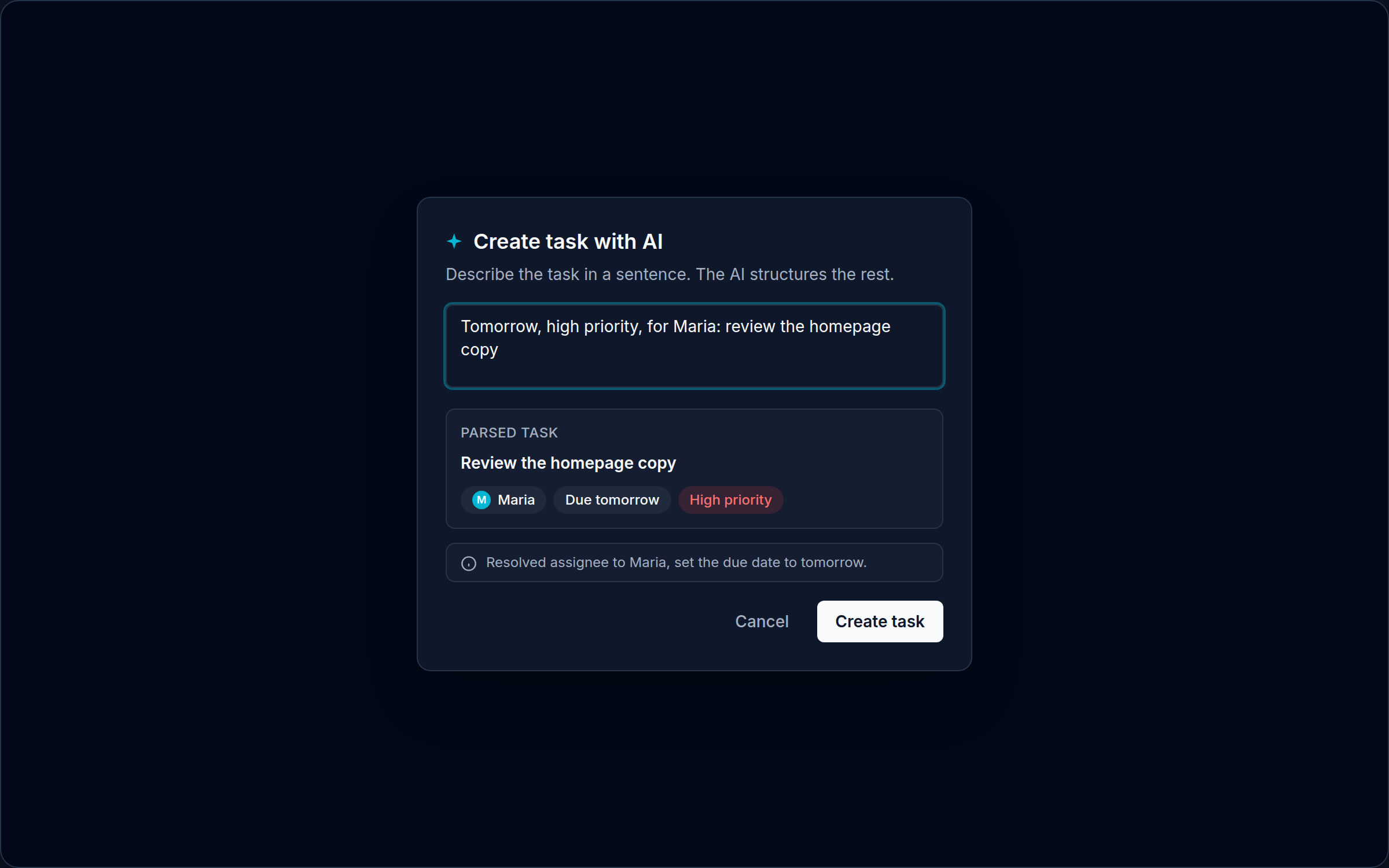 Orbit AI task creation: a sentence parsed into a structured task with assignee, due date and priority